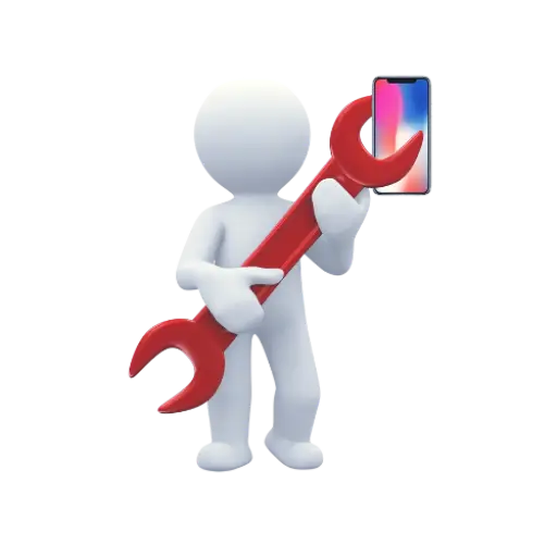 logo-white animated figure holding a red screw driver with a phone